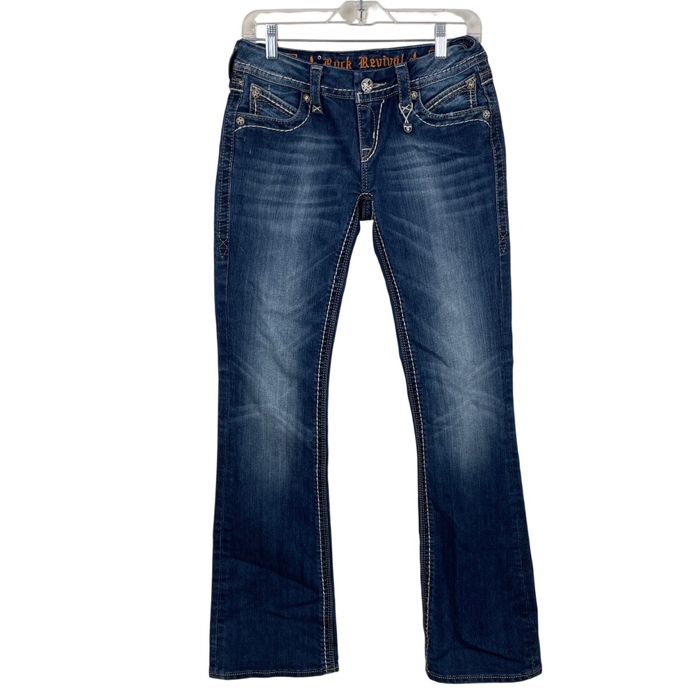 Rock Revival Leah Bootcut Jeans Dark Wash Embellished Flap Pockets Size 27